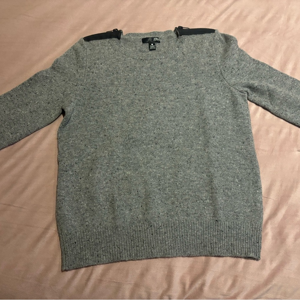 Gray Cashmere Sweater with Black Zipper Shoulder Accents